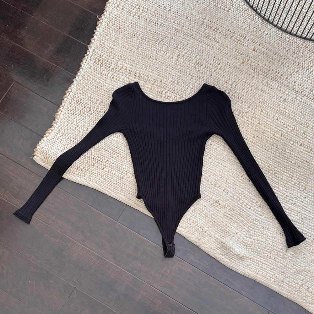 Free People Black Ribbed Long-Sleeve Scoop Bodysuit